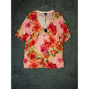 NWT Talbots Woman Floral Button Cardigan Sweater Womens 1X Pink Orange Short Sle
